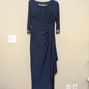 Alex Evenings Navy Blue Elegant Maxi Dress With Beaded Cuffs